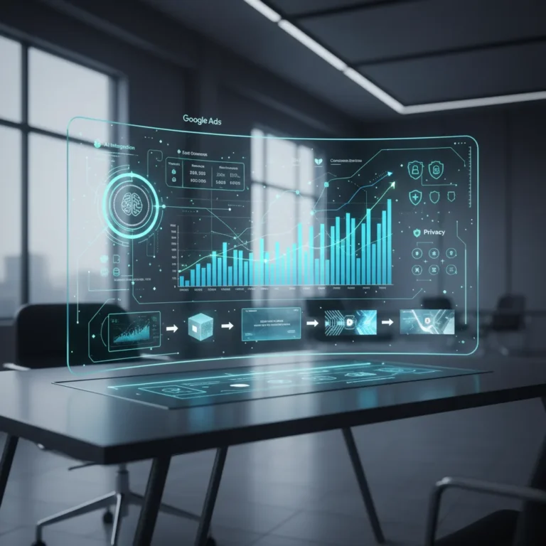 Ein futuristisches digitales Marketing-Dashboard, das Google Ads Leistungsdaten, KI-Integration, Datenschutzsymbole und verschiedene Anzeigenformate in einem modernen Design mit blauen und grünen Farbtönen darstellt.